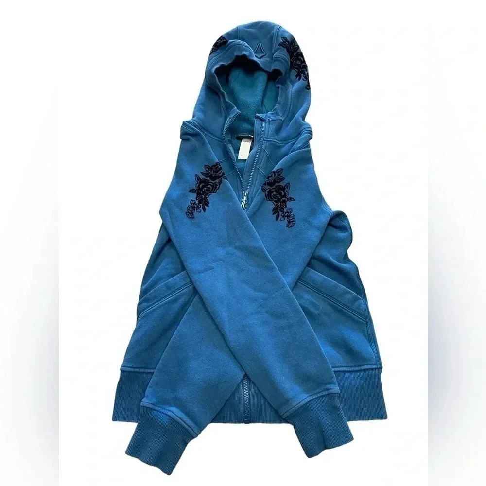 Ivivva Lululemon Blue Hoodie With Black Velvet Flowers Size  12